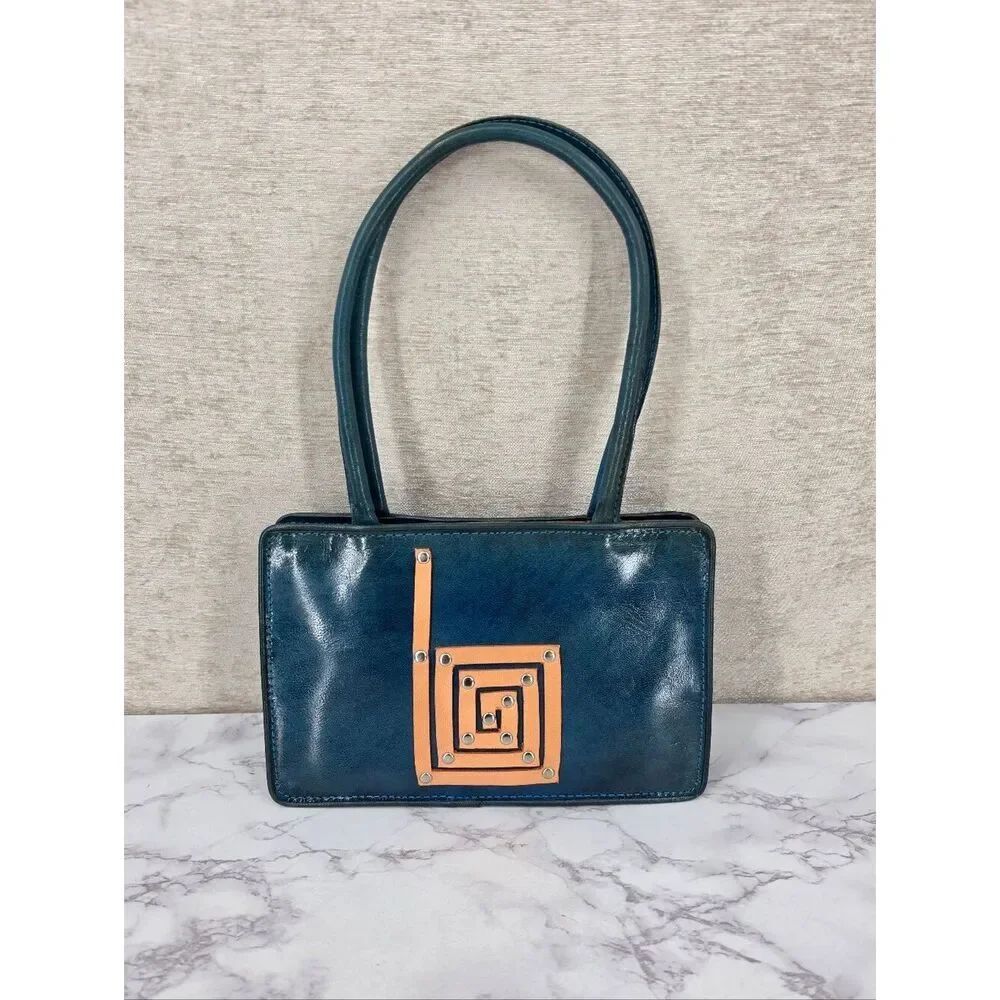 Vintage Y2K Teal Leather Bag with Tan Accent Spiral Detail